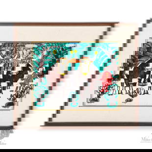 Everett Lewis Oxen in Winter: Everett Lewis' (1893-1979) subject matter extended the themes seen in the works of his late wife Maud Lewis. Here a pair of oxen stand in fancy harnesses amidst evergreen trees. A young girl stands