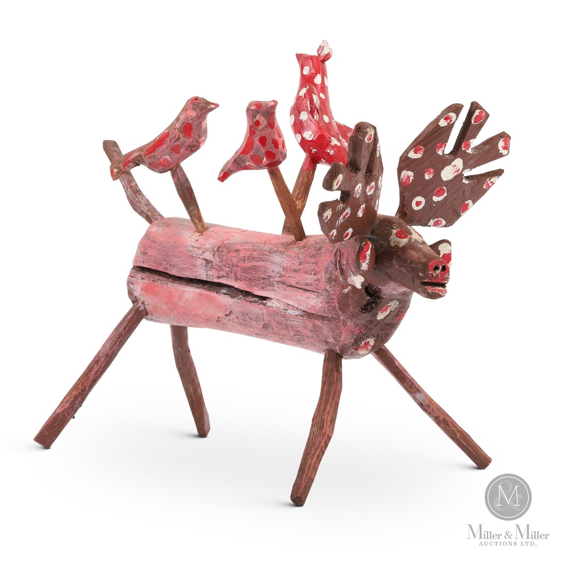 Edmond Chatigny Moose with Birds: Edmond Chatigny (1895-1985) frequently "stacked" carved birds on top of one another. In this work, a moose creatively becomes a base for birds sitting on its back. Chatigny used a limited palette,