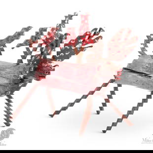 Edmond Chatigny Moose with Birds: Edmond Chatigny (1895-1985) frequently "stacked" carved birds on top of one another. In this work, a moose creatively becomes a base for birds sitting on its back. Chatigny used a limited palette,