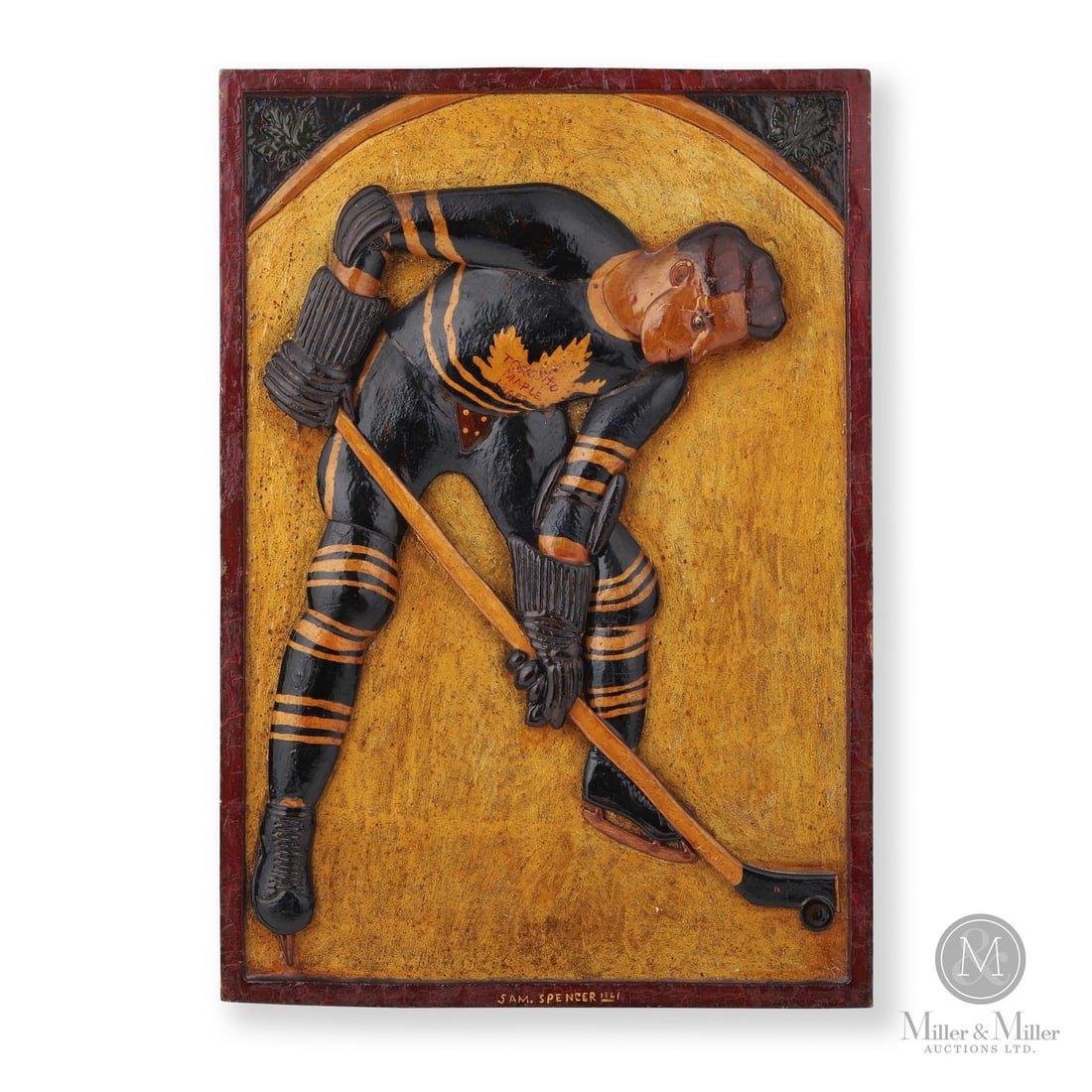 Sam Spencer "Syl Apps" Maple Leafs Wall Carving: Sam Spencer (1903-1988) was known for his stylish high relief carved and painted plaques like this one featuring Syl Apps of the Toronto Maple Leafs hockey team. This example is notable for the