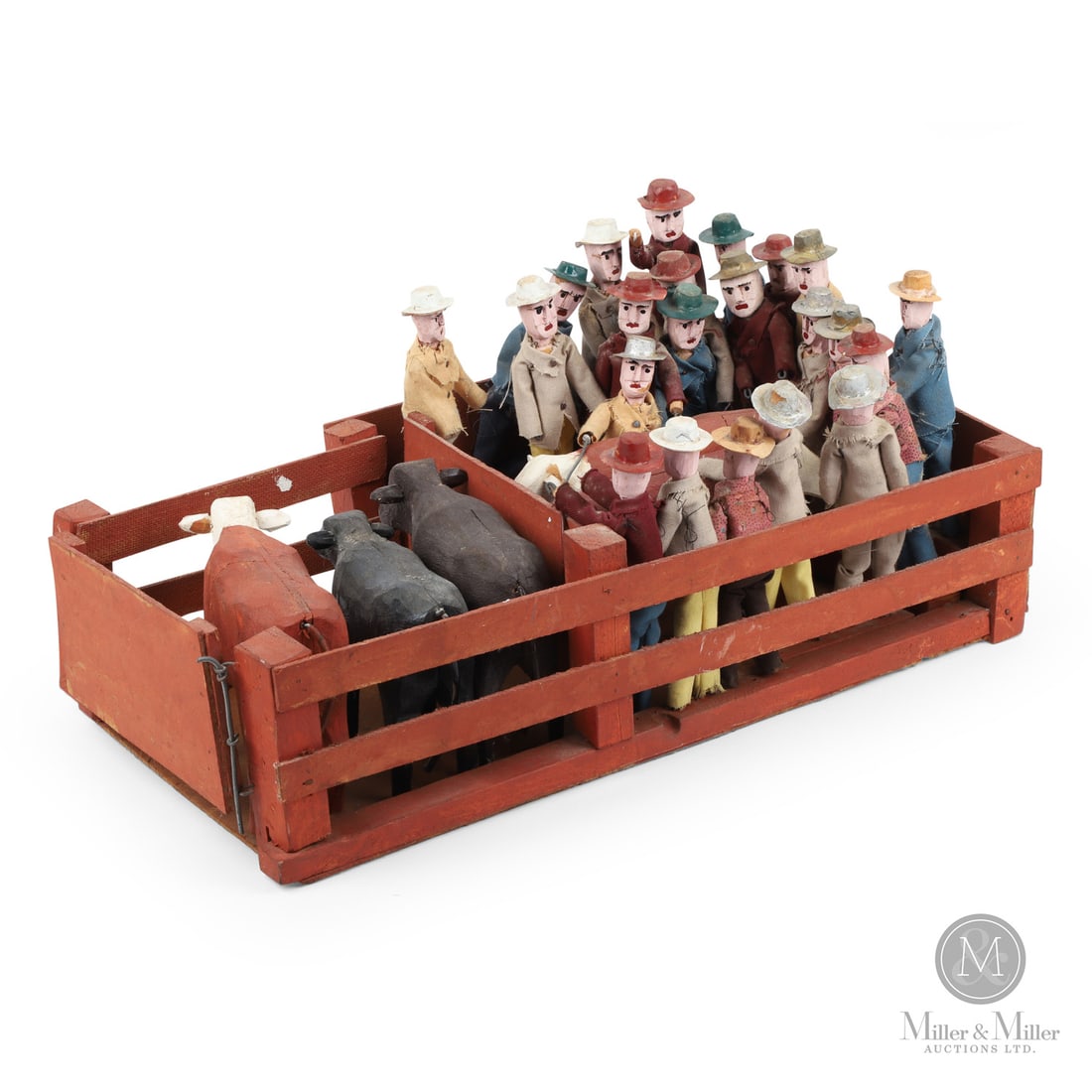 Jacob Roth Cattle Auction Diorama: Jacob Roth (1896-1995) produced many finely crafted folk art pieces but few are as elaborate as this brightly painted diorama of a Mennonite cattle auction. It includes over 20 people and four head