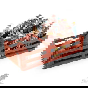 Jacob Roth Cattle Auction Diorama: Jacob Roth (1896-1995) produced many finely crafted folk art pieces but few are as elaborate as this brightly painted diorama of a Mennonite cattle auction. It includes over 20 people and four head