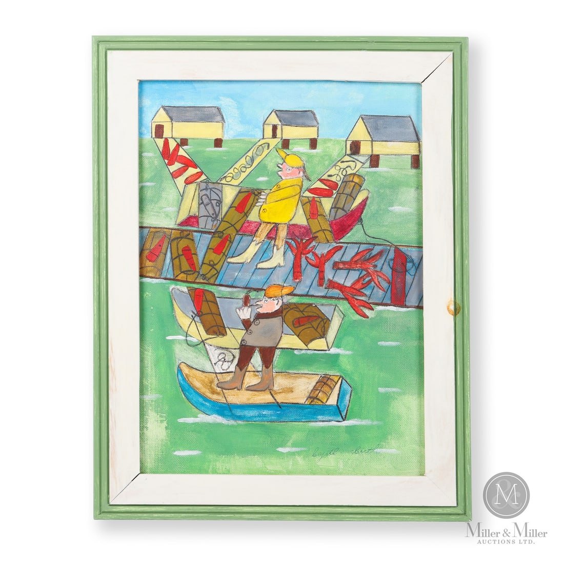 Cyril Hirtle Lobster Boats: Cyril Hirtle (1918-2003) captures a busy day on the dock as two men, one smoking his pipe, work diligently unloading their catch. Brightly painted lobsters are everywhere including in the boat, on