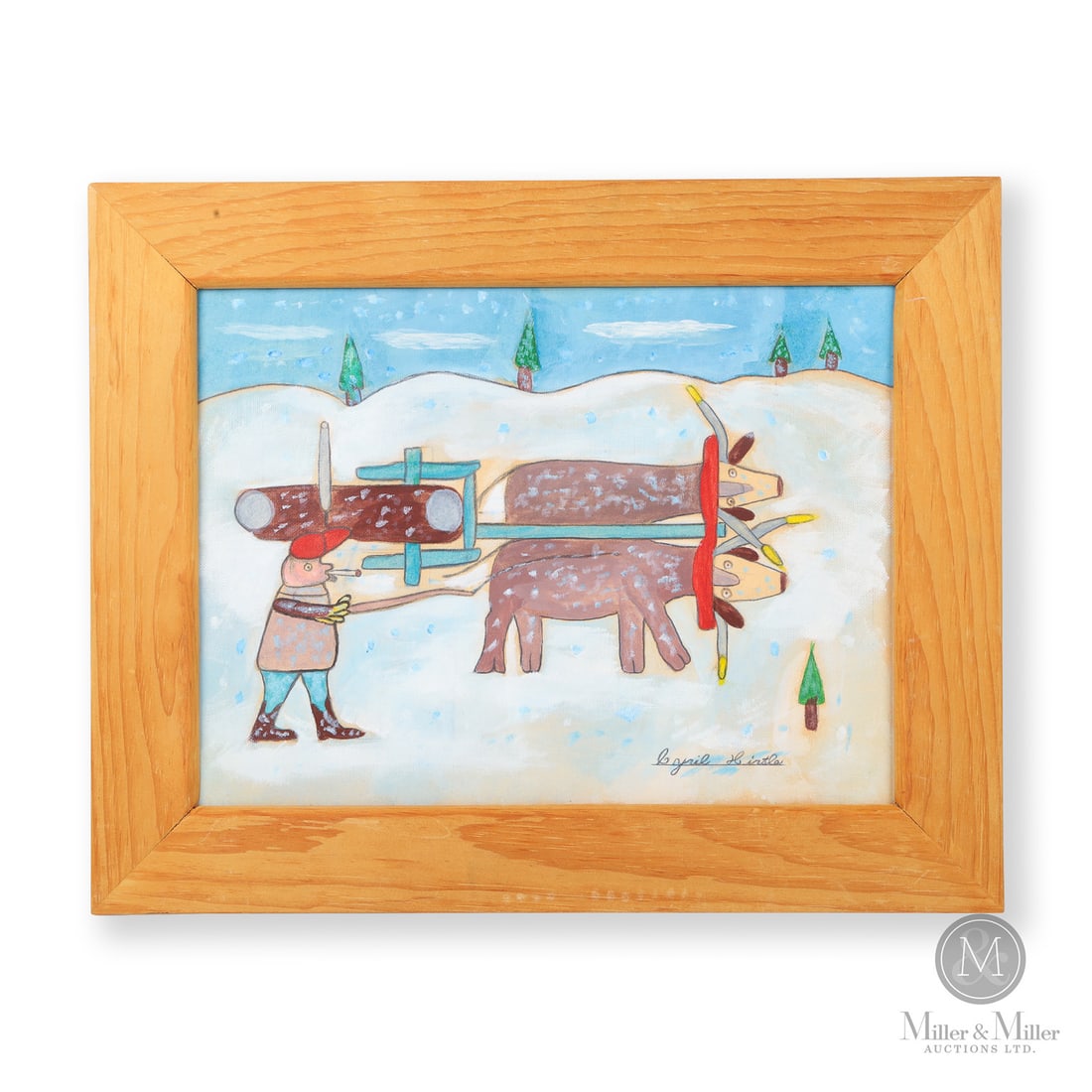 Cyril Hirtle Oxen: Here Cyril Hirtle (1918-2003) depicts a hard-working man chomping on his cigarette while using both hands to control a team of oxen pulling a massive log. While both ends of the log are seen, the
