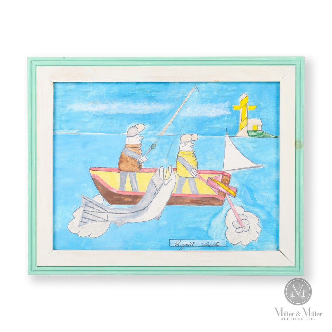 Cyril Hirtle Fishing: Cyril Hirtle (1918-2003) produced unique and captivating works breaking most (if not all) artistic rules. In this work two fishermen struggle to achieve their objectives. The man at the back is seen w