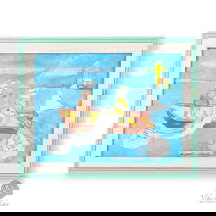 Cyril Hirtle Fishing: Cyril Hirtle (1918-2003) produced unique and captivating works breaking most (if not all) artistic rules. In this work two fishermen struggle to achieve their objectives. The man at the back is seen