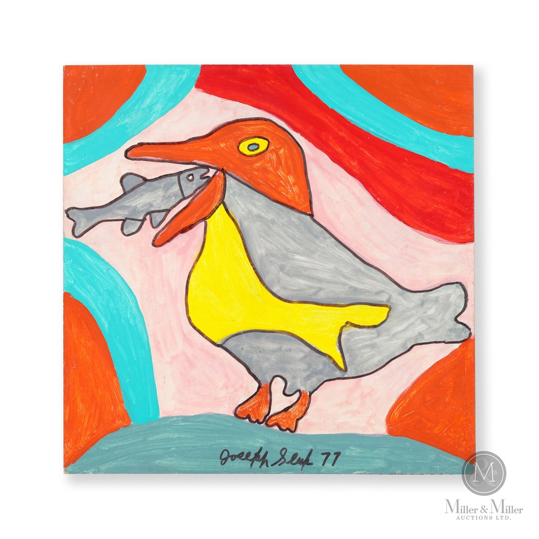 Joe Sleep Seagull Eating Fish: In this energetic work Joe Sleep (1914-1978) shows a perched seagull enjoying the meal of a small fish amidst a lively background of orange, turquoise, red, and pink.