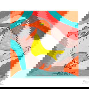 Joe Sleep Seagull Eating Fish: In this energetic work Joe Sleep (1914-1978) shows a perched seagull enjoying the meal of a small fish amidst a lively background of orange, turquoise, red, and pink.