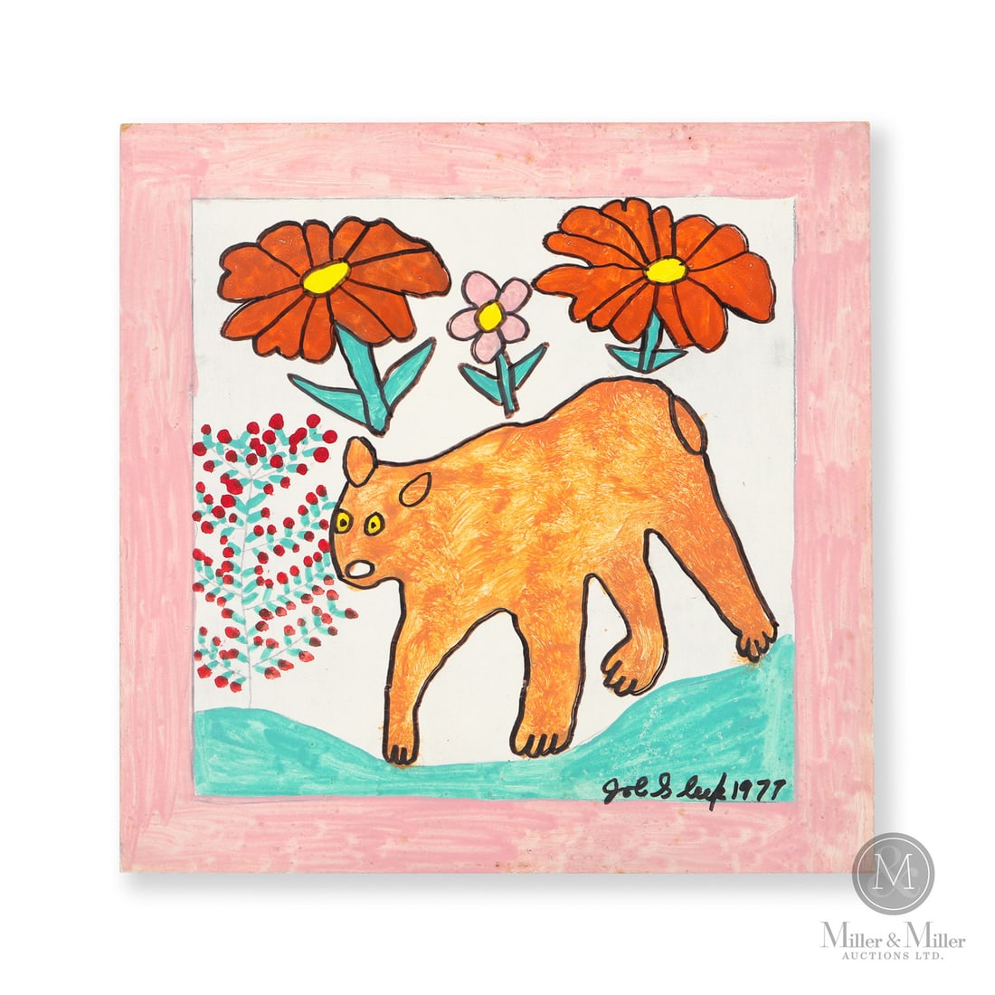 Joe Sleep Cougar & Flowers: Animals and plant life were frequent subjects of his Joe Sleep (1914-1978). Here, within a contrasting pink border, Sleep combines a yellow/orange cougar among three large flowers and a flowering bush