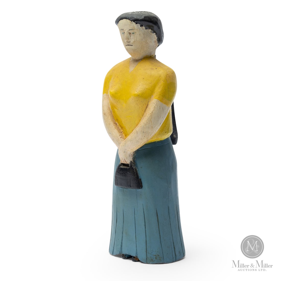 Collins Eisenhauer Woman with a Purse: A fascinating painted wood carving "Woman with Purse" created by Collins Eisenhauer (1898-1979). The long dress, long hair, and folded hands holding the purse are features of distinction..