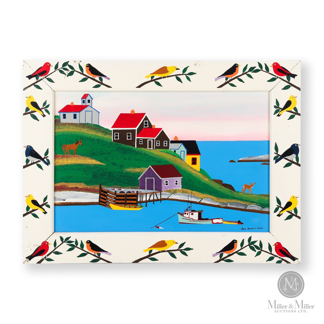 Joe Norris Deer Cove: Joe Norris (1924 - 1996) Deer Cove shows Norris all signature Norris elements: a bright blue ocean, a fishing boat tugging at its mooring, colourful houses, a church on a hill, a horse grazing in a fi