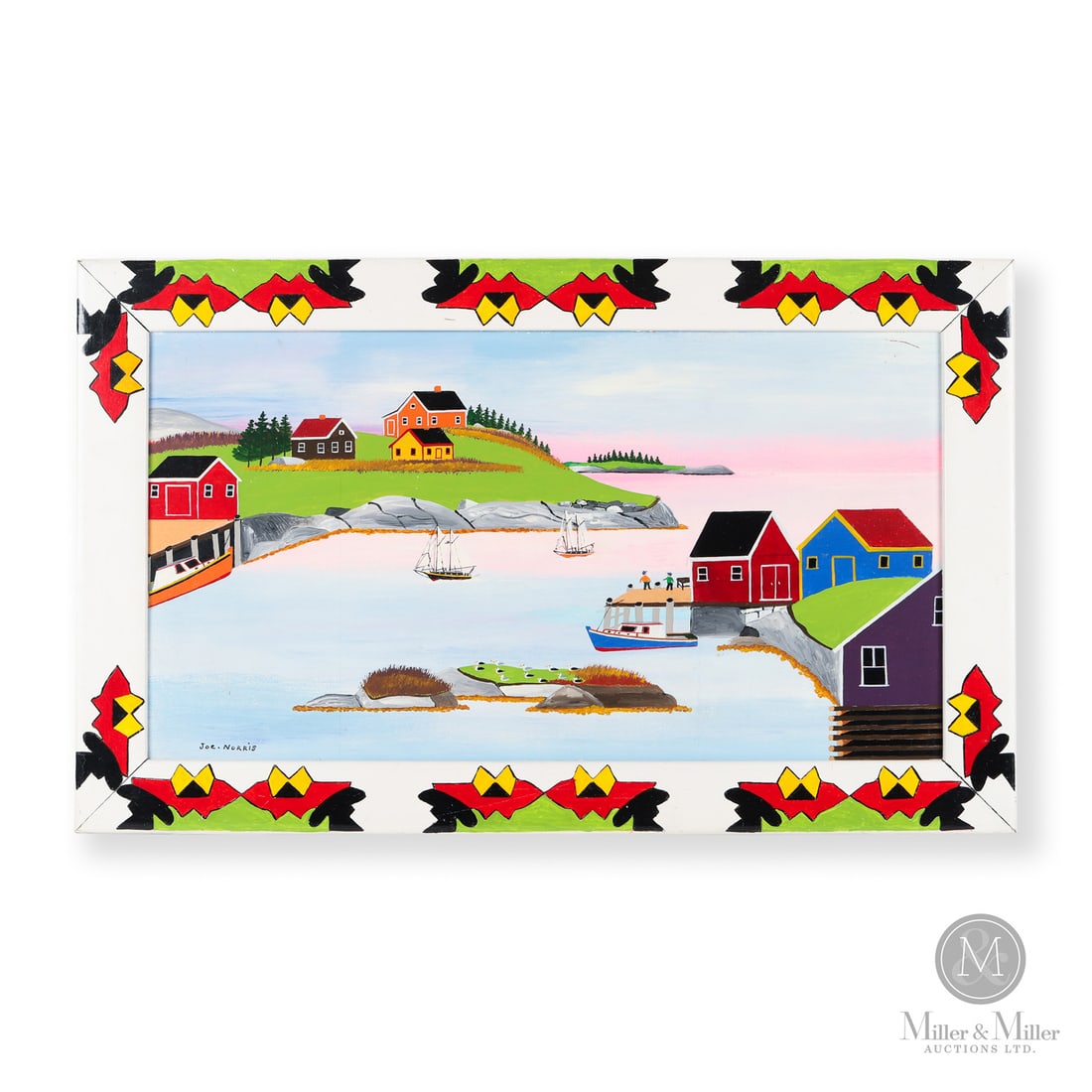 Joe Norris Coastal Sunset: This Joe Norris (1924-1996) coastal scene boasts colourful dwellings, schooners, a magenta coloured skyline, and folks on the pier watching the ships come in. It features a frame decorated by Norris