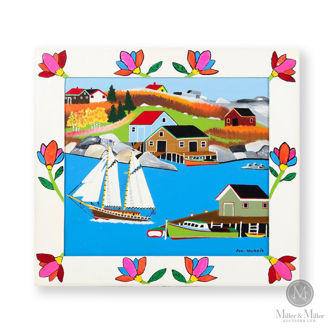 Joe Norris Lower Prospect Docked Schooners and Sailboat: Joe Norris (1924-1996) produced bold paintings depicting the quiet life in his seaside town of Lower Prospect, Nova Scotia. This busy scene illustrates the little cove on the South Shore. Several