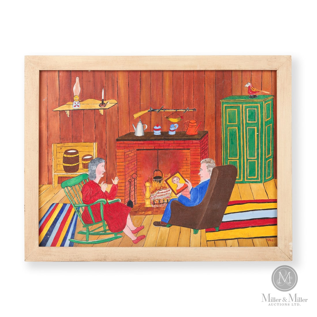 Bill Male Chez Nous: Bill Male (1918 - 2003) was a folk painter who displayed a quiet confidence in the works he created. This piece "Chez Nous" shows a couple seated in chairs in front of their fireplace. The man holds
