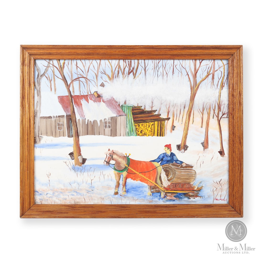 Bill Male Maple Sugar Time: In his attractive art works, Bill Male (1918 - 2003) preferred to paint scenes with individuals busy with their pursuits. In this colouful work, Male depicts a man collecting maple syrup in a horse