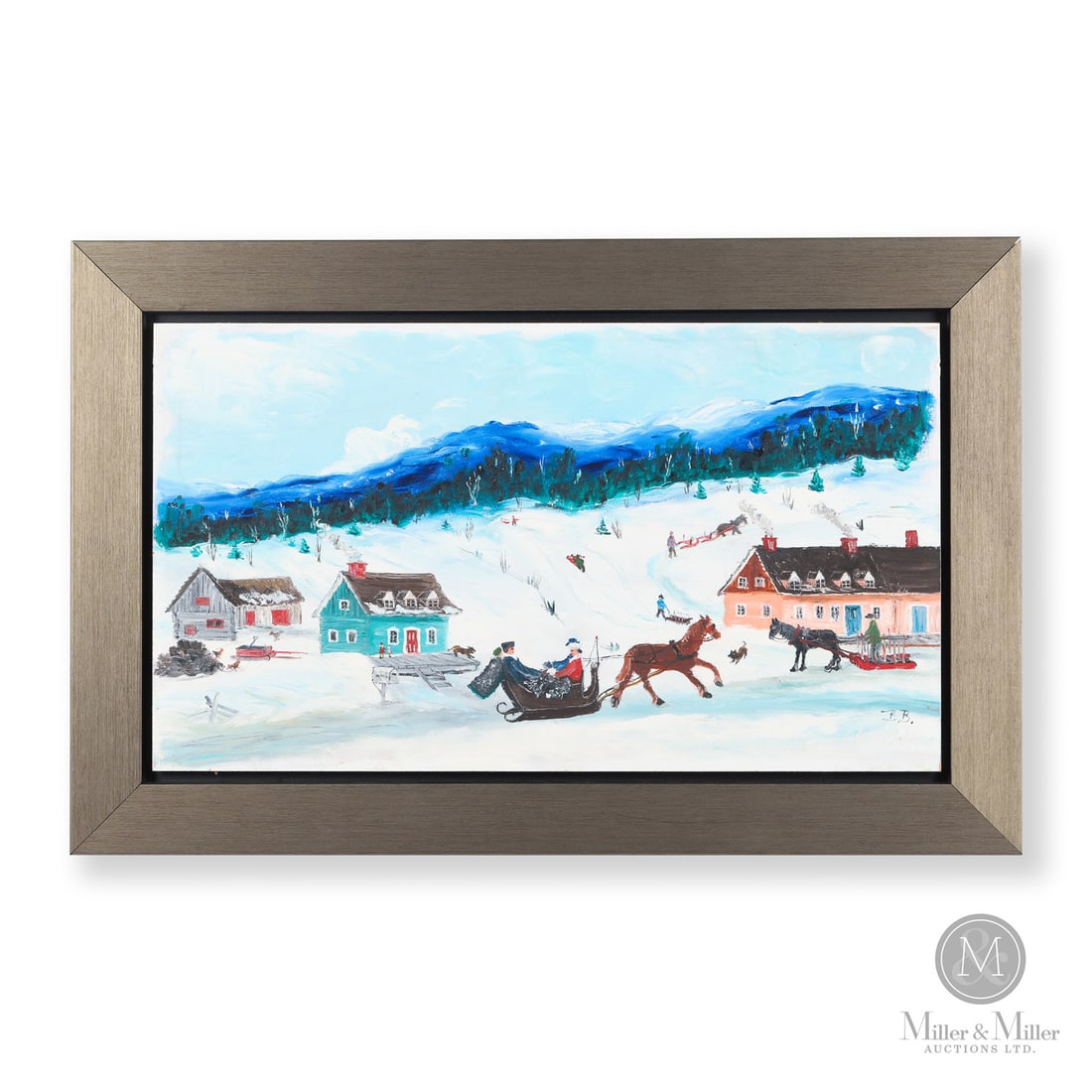 Blanche Bolduc Winter in the Village: Here Blanche Bolduc (1907-1998) portrays a lively village scene with several buildings, horse drawn sleigh, and several people going about their business. In the central foreground, two couples in a