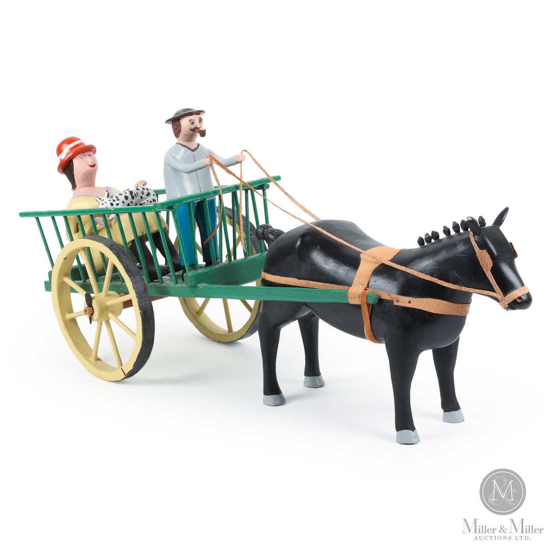 Leo Fournier Man and Woman in Cart: Leo Fournier's (1924-2007) experience in the auto body repair business seems to have served him well in the creation of this well-carved form of transportation. The spotted cat on the woman's lap is