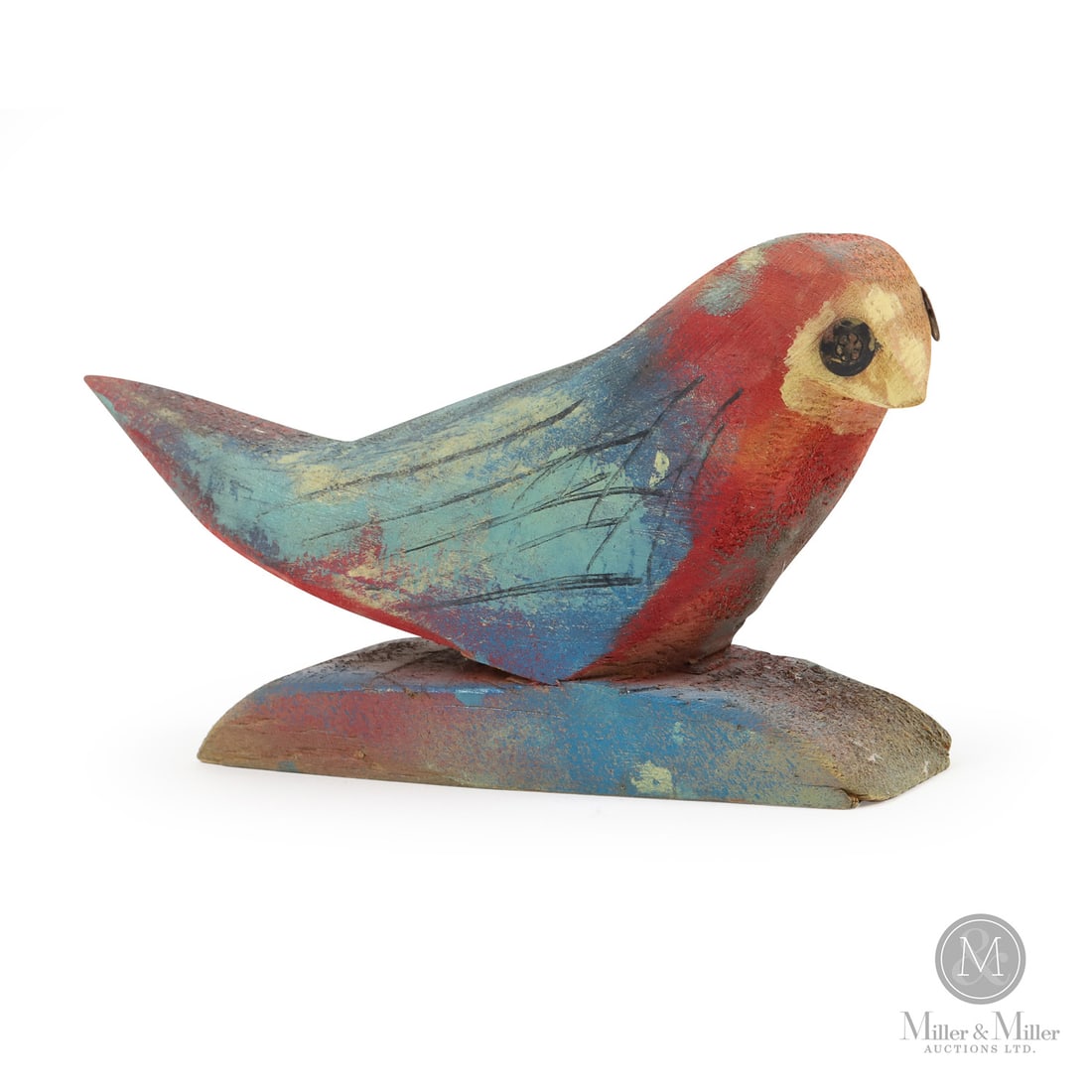 Joe Sleep Attributed Bird Carving: Joe Sleep (1914-1978) was well known for his folk art paintings of marine life, flowers, birds, and cats. Here is a small, painted wood carving of a bird attributed to Sleep. The paint pattern is