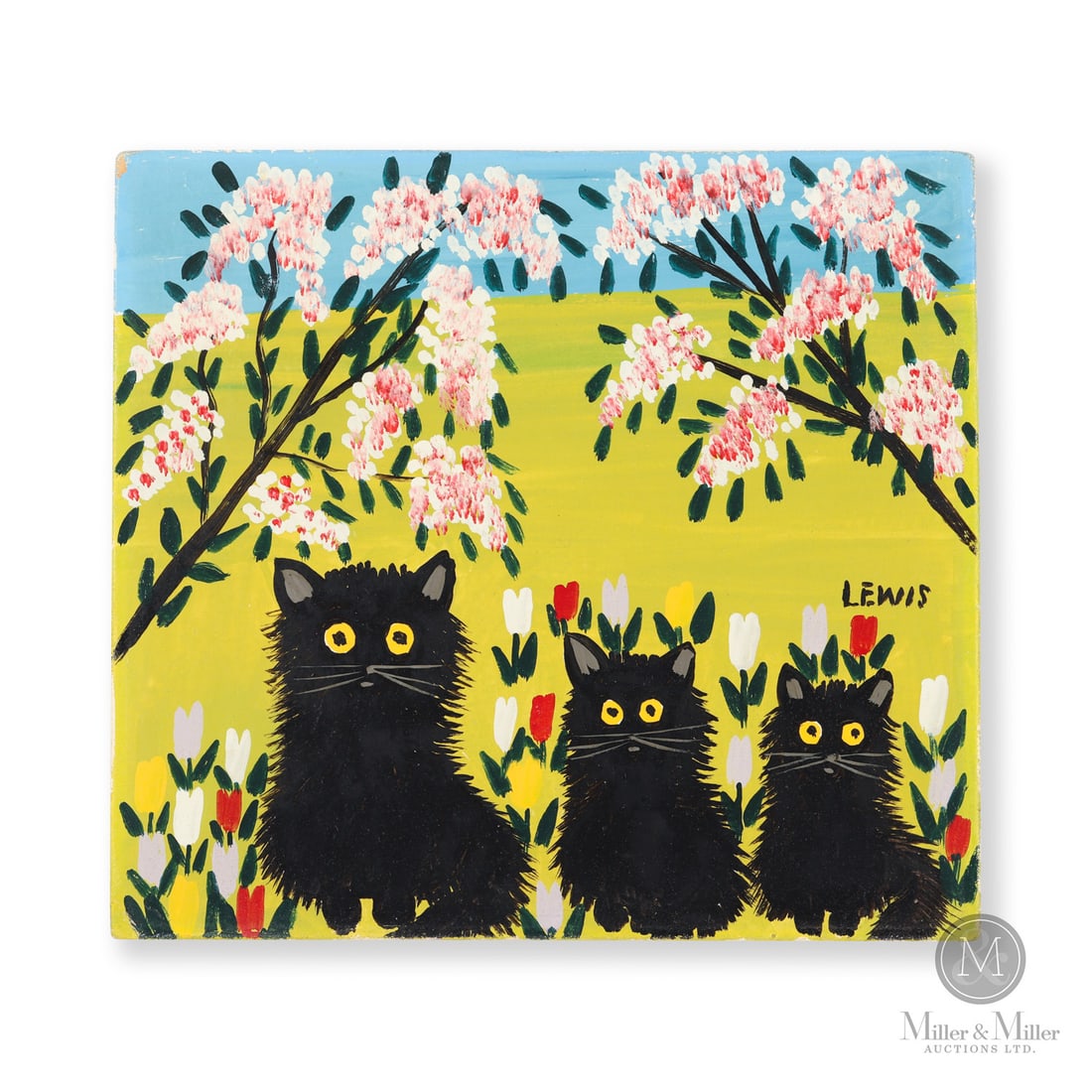 Maud Lewis Three Black Cats: Three Black Cats is a serial image found commonly in the 1960s. Two similar examples are shown in Ray Cronin's "Our Maud: The Life, Art and Legacy of Maud Lewis" (2019), p.92, 95. Lewis (1901–1970)