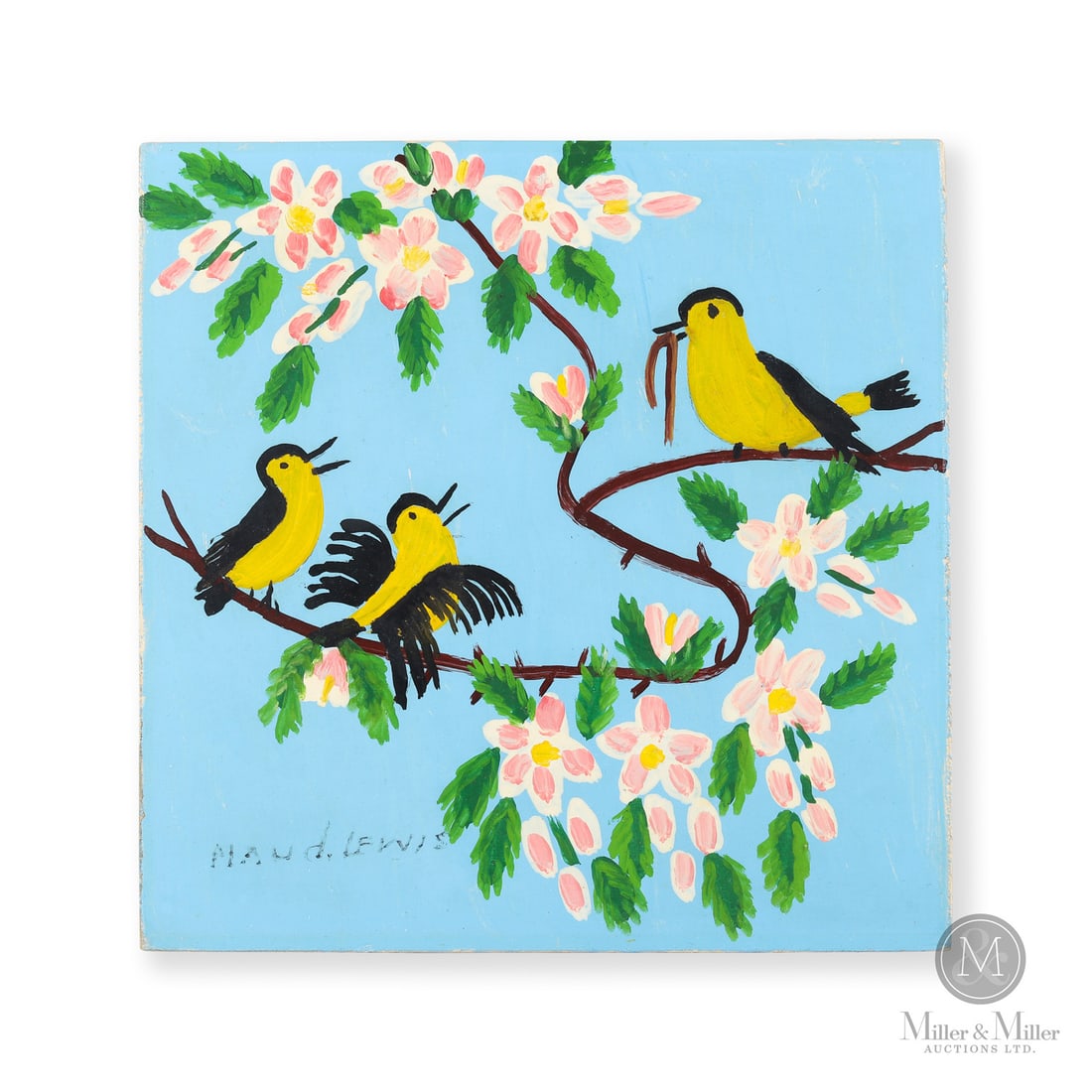 Maud Lewis Song Birds and Apple Blossoms: Song Birds and Apple Blossoms is a relatively scarce serial image found only in the 1960s. The Art Gallery of Nova Scotia's Ray Cronin selected a similar image for the cover of his book, "The Life,