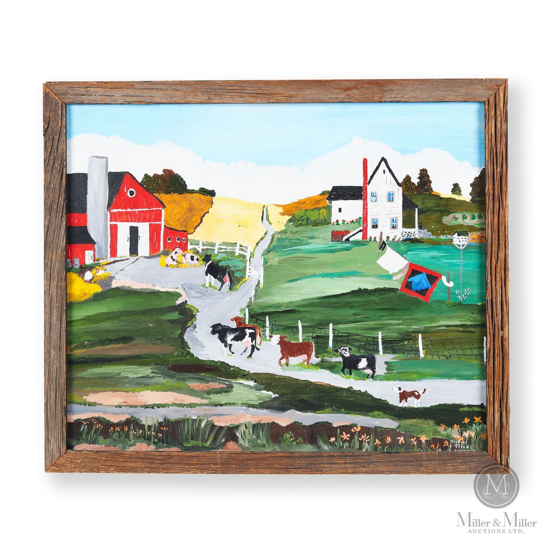 Barbara Clark-Fleming Fetching the Cows: In her paintings Barbara Clark-Fleming (1939-2023) illustrates the spirit of her childhood memories on the farm. In this case, she depicts a barn, a comfortable-looking farmhouse, and a quilt drying