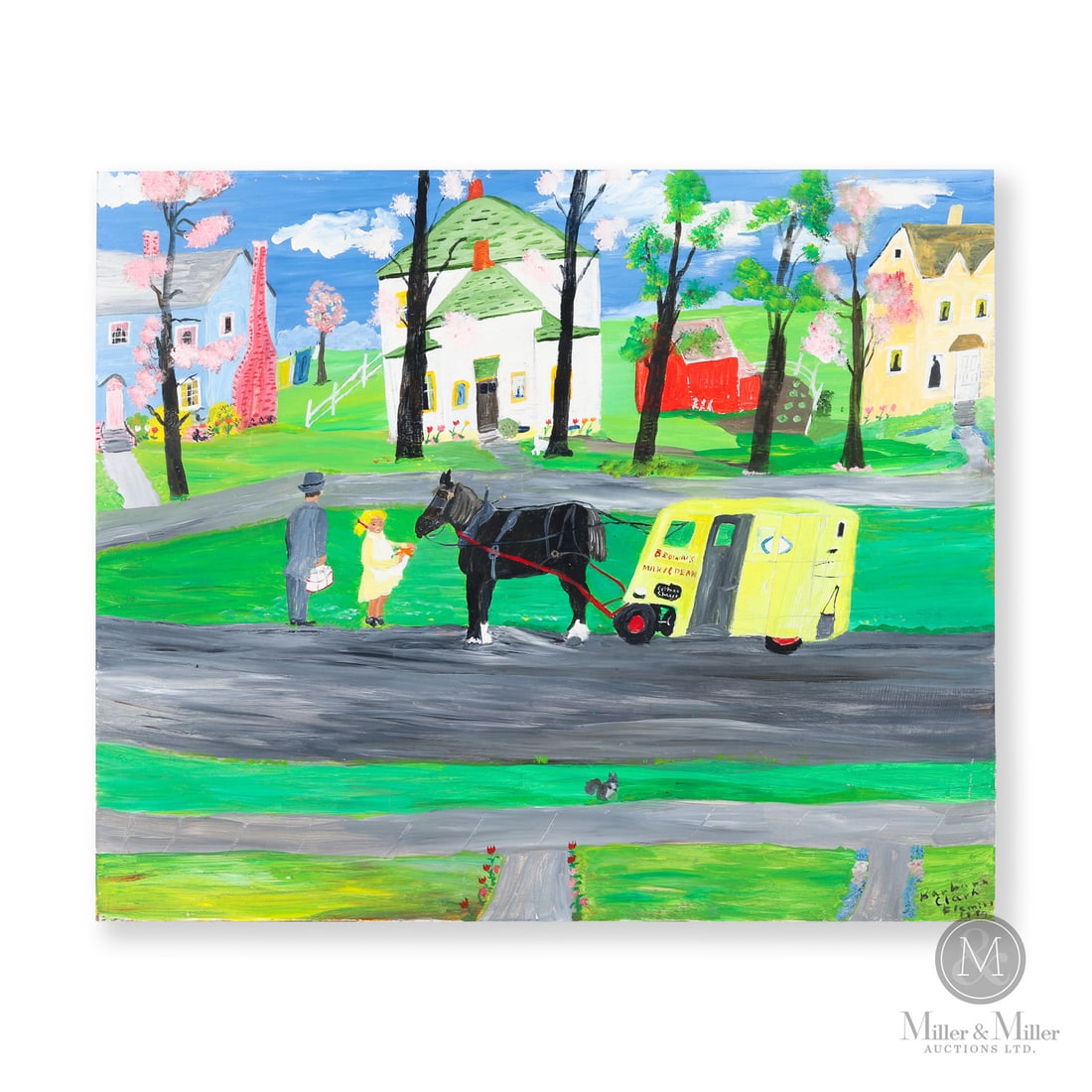 Barbara Clark-Fleming Brown's Delivery: In her paintings, Barbara Clark-Fleming (1939-2023) illustrates the spirit of her childhood memories on the farm. In this scene titled "Brown's Delivery" she depicts the way milk and bread were