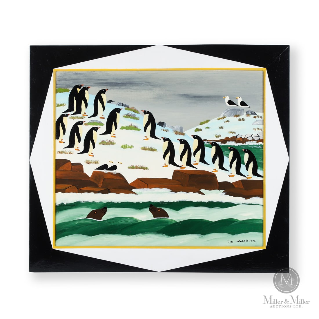 Joe Norris Penguins: In rare and compelling imagery Joe Norris (1934 - 1994) depicts seagulls and a pair of seals gazing at a colony of penguins standing on a rocky, partially snow covered island. Like Norris' best work,
