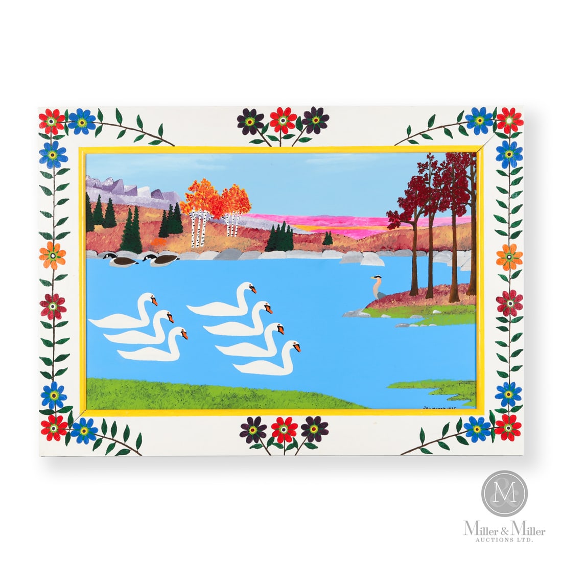 Joe Norris Great Blue Heron Watching Swans and Canada Geese: In this striking work Joe Norris (1924-1996) features a bevy of seven swans swimming in military precision across a blue bay while a rather hesitant heron looks on from a distance. Two clusters of