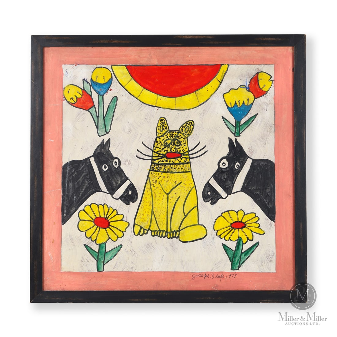 Joe Sleep Cat & Horses: Joe Sleep (1914-1978) began his career selling small paintings that Halifax visitors could take home in their suitcases. He produced many renditions of staring cats. This example features a central