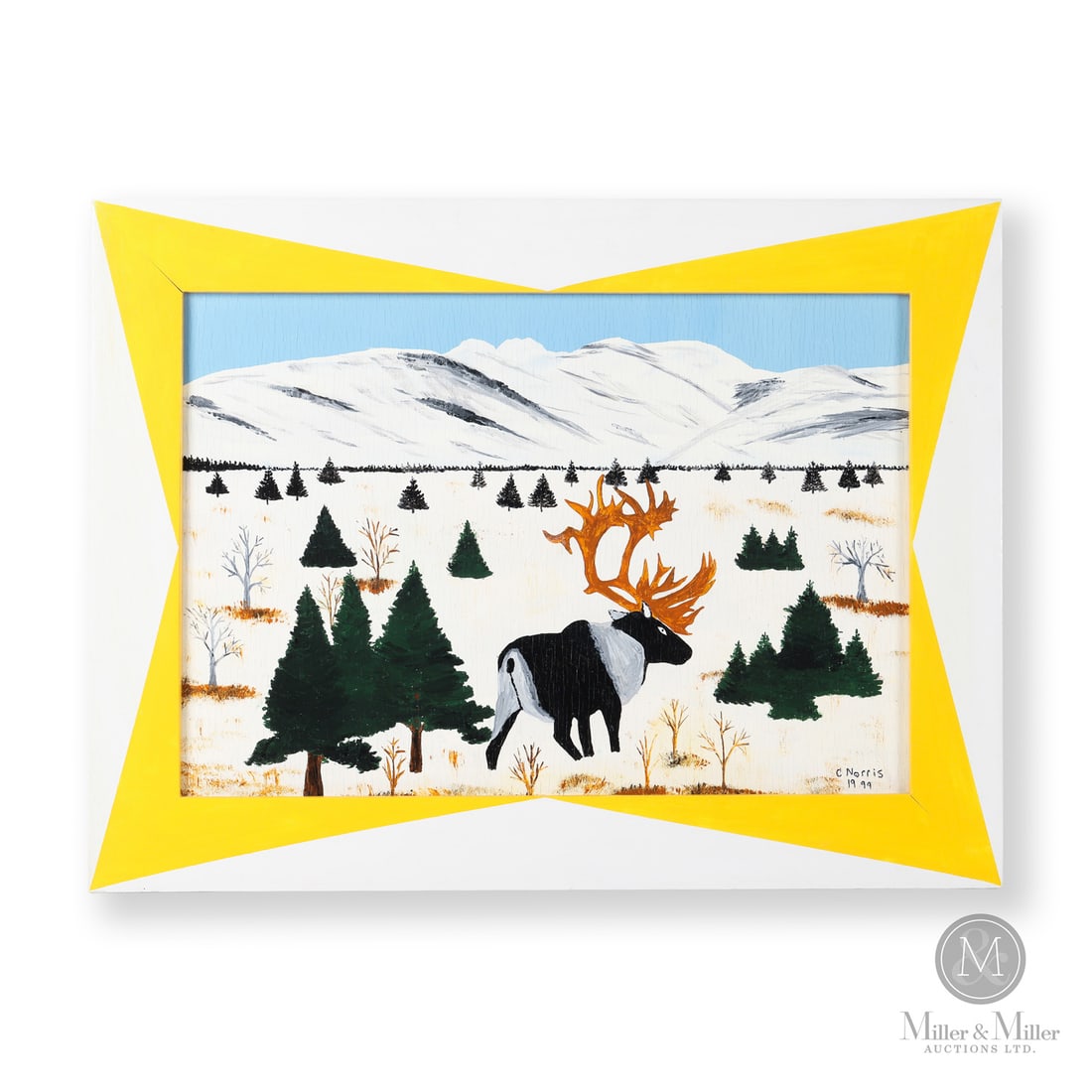 Charlie Norris Moose in Winter: Charlie Norris (1929-2013), brother of legendary Nova Scotia folk artist Joe Norris, was an accomplished folk artist in his own right. Here, he features a large male elk with a full set of antlers