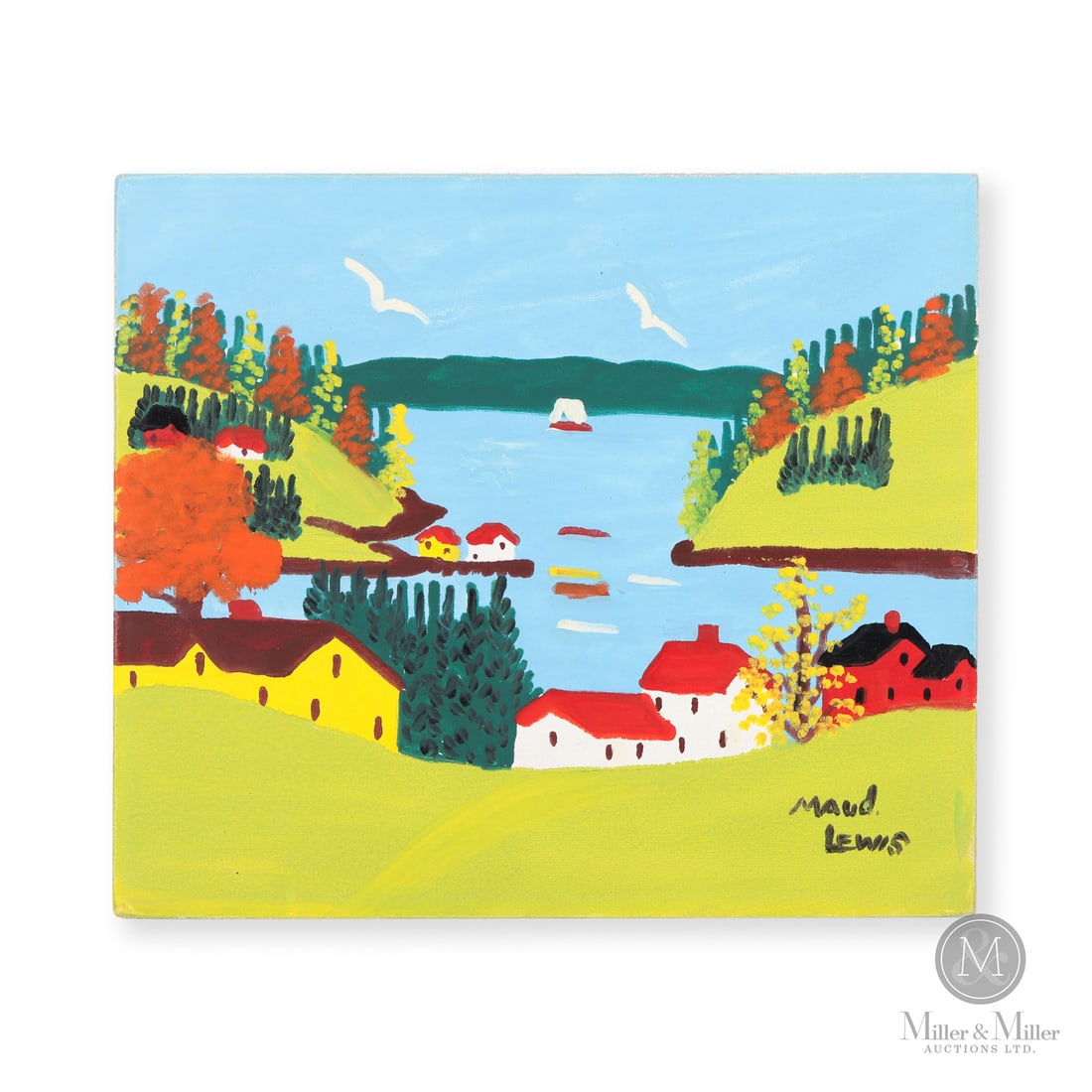 Maud Lewis Sandy Cove in Fall: Sandy Cove is a serial image found in the 1950s and 1960s. It is seen in various renditions. This compelling example finds Lewis (1901–1970) in the prime of her confidence, after she found fame in