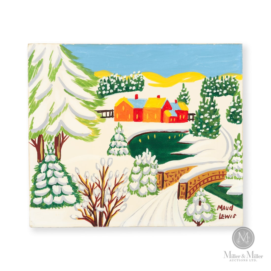 Maud Lewis Stone Bridge in Winter: Stone Bridge in Winter is a rare serial image. It finds Lewis (1901–1970) at the apex of her career, painting with confidence, colour and creativity. In this lively winter landscape, snow-laden