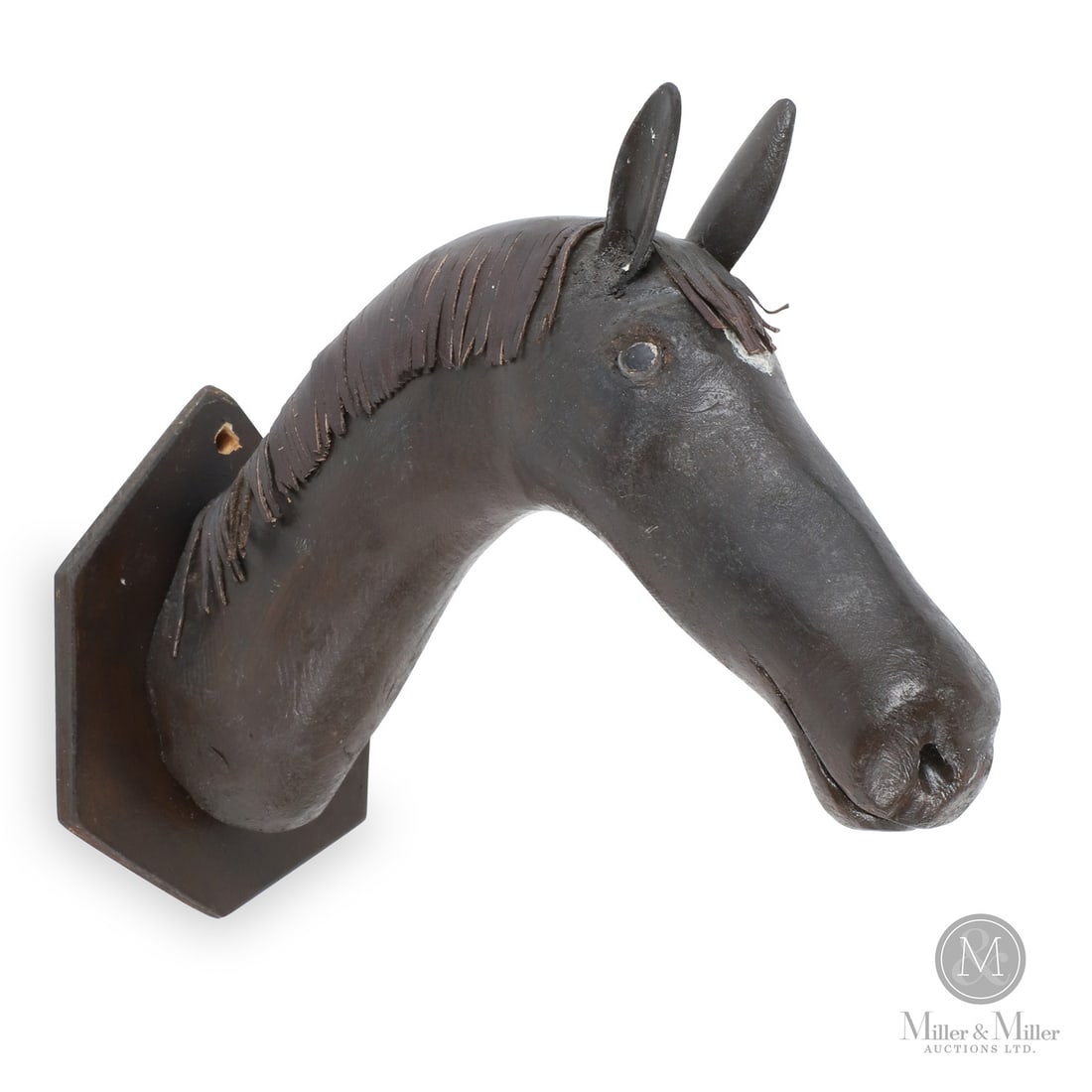 Ewald Rentz Horse: Ewald Rentz (1908-1995) was adept at finding pieces of wood that could be transformed into carvings of animals. Here we have one of his larger pieces, the head of a horse painted dark brown and