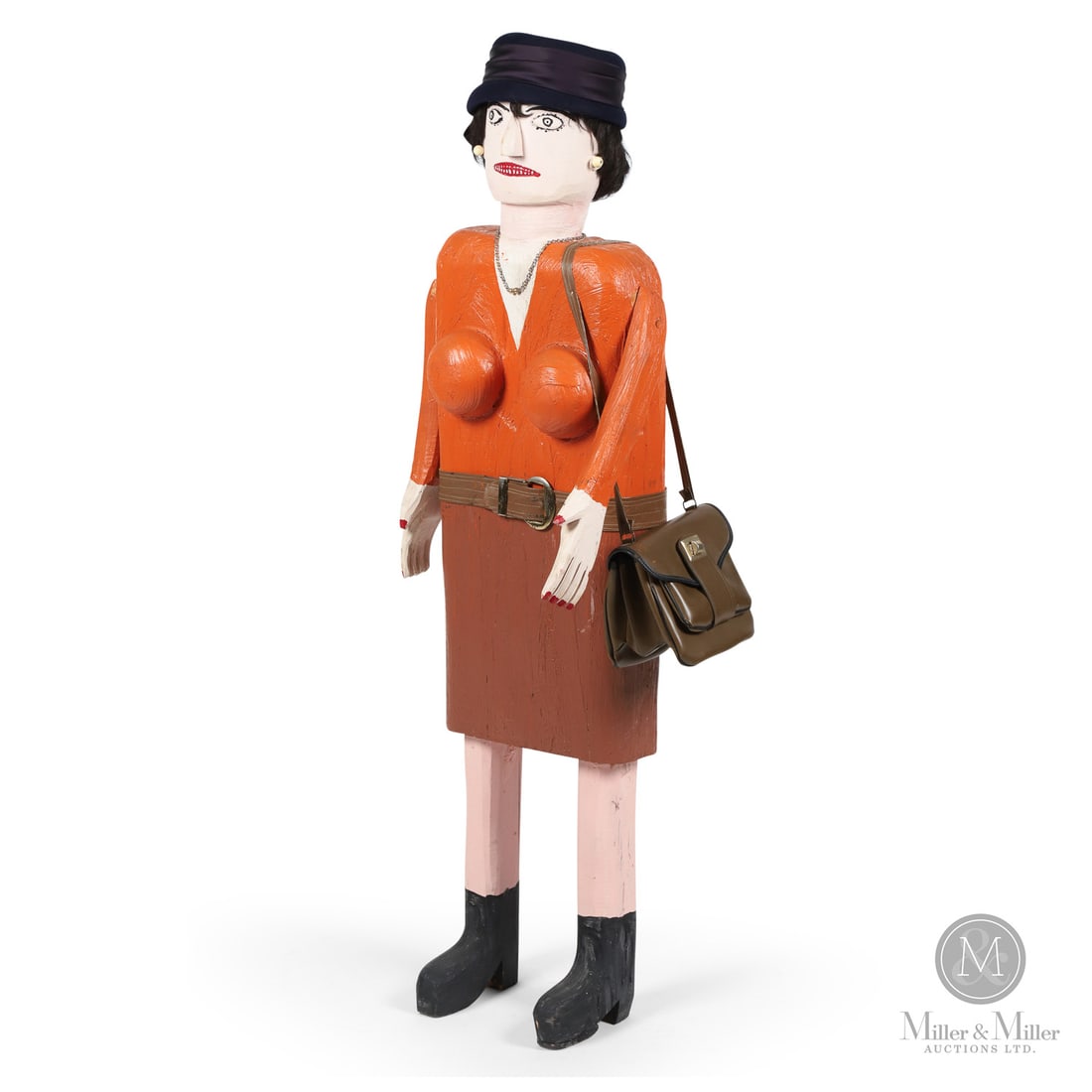 Attributed Felicien Levesque Woman with Hat & Purse Carving: Felicien Levesque (1916-1997) was a creative and enthusiastic carver of wooden figures, boats, and animals. He often worked with found materials. This work, "Woman with Hat & Purse," shows the