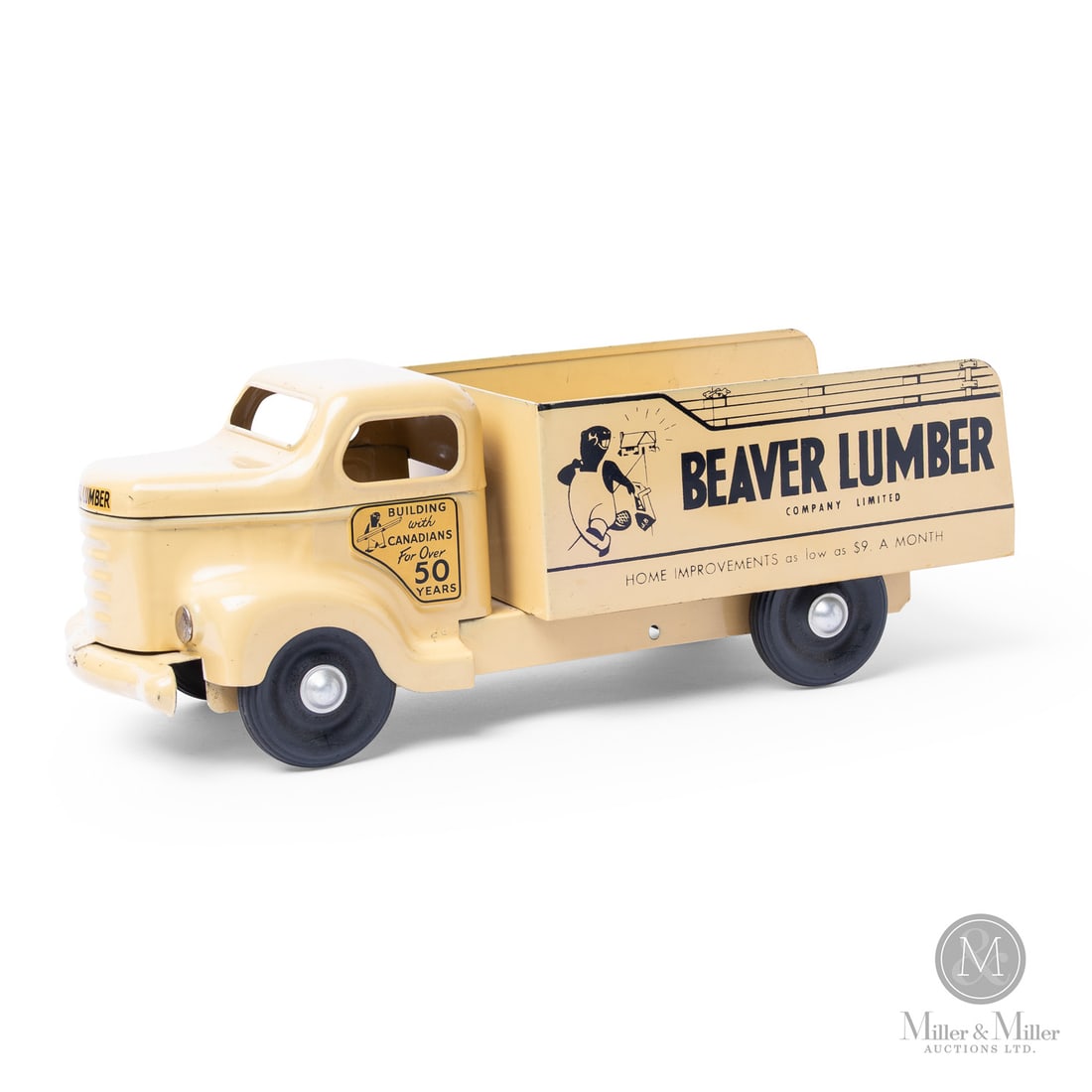 Otaco Minnitoys "Beaver Lumber" Dump Truck: Canadian. Early 1950s-1961. Pressed steel. The "Beaver Lumber" dump truck was part of Otaco's "private label" series of toys. These were promotional or display models made for specific companies and n