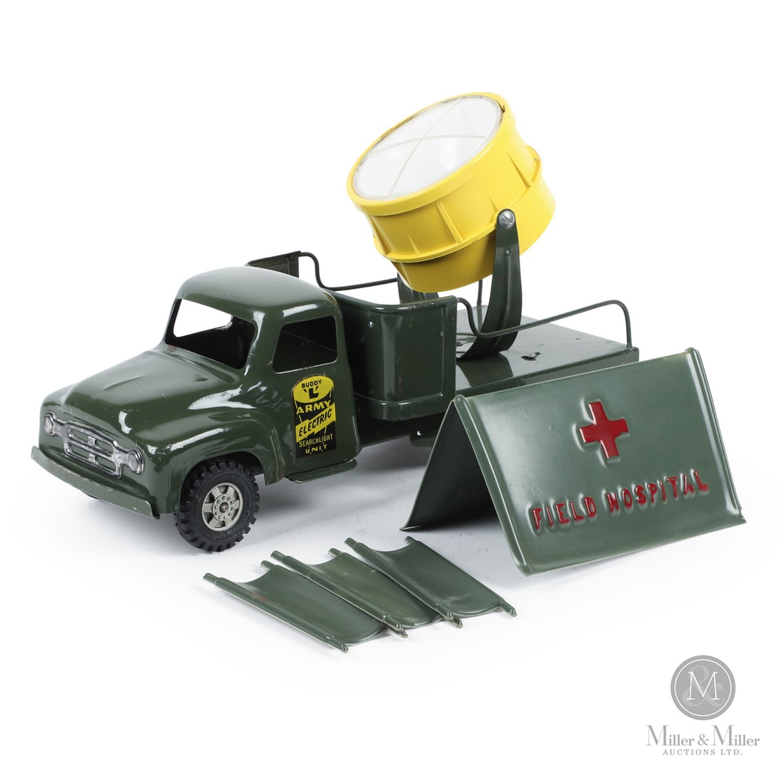 Buddy 'L' "Army Electric Searchlight Unit" Truck: American. 1950s. Pressed steel with plastic searchlight housing and lens. Decalled, "Buddy 'L'", on cab doors. Embossed, "Buddy "L" Toys USA", on underside of searchlight. Embossed, "Buddy "L" Toys