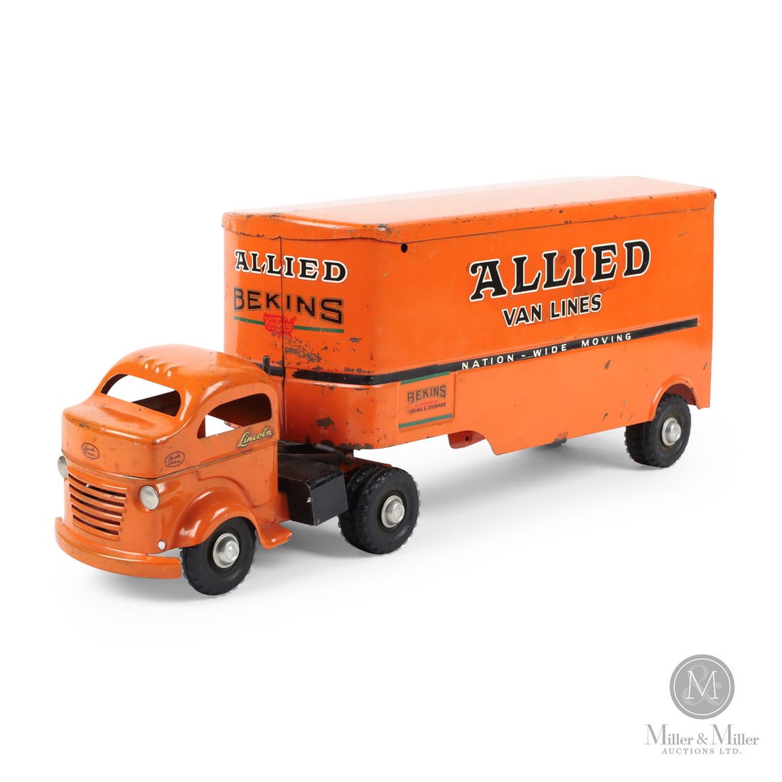 Lincoln Toys "Allied Van Lines" Tractor Trailer: Canadian. 1946-early 1950s. Pressed steel. This Allied Van Lines truck was part of the "private-label" series manufactured by Ellwood Metal Products for Lincoln Specialties Limited. The