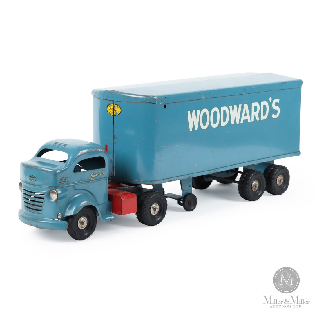 Lincoln Toys "Woodward's" Tractor Trailer: Canadian. Early 1950s-1959. Pressed steel. This Woodward's toy was part of the "private-label" series manufactured by Windsor Steel Products for Lincoln Specialties Limited. The "private-label"