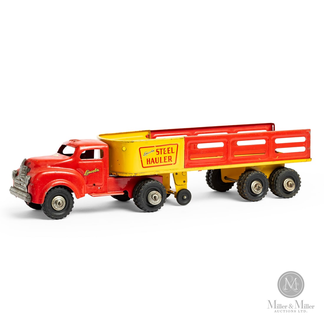 Lincoln Toys Steel Hauler: Canadian. 1946-early 1950s. Pressed steel. This toy has a decal that says "Made in Canada Lincoln Toys Reg'd," which identifies Lincoln toys that were made from 1946 to the early 1950s, representing
