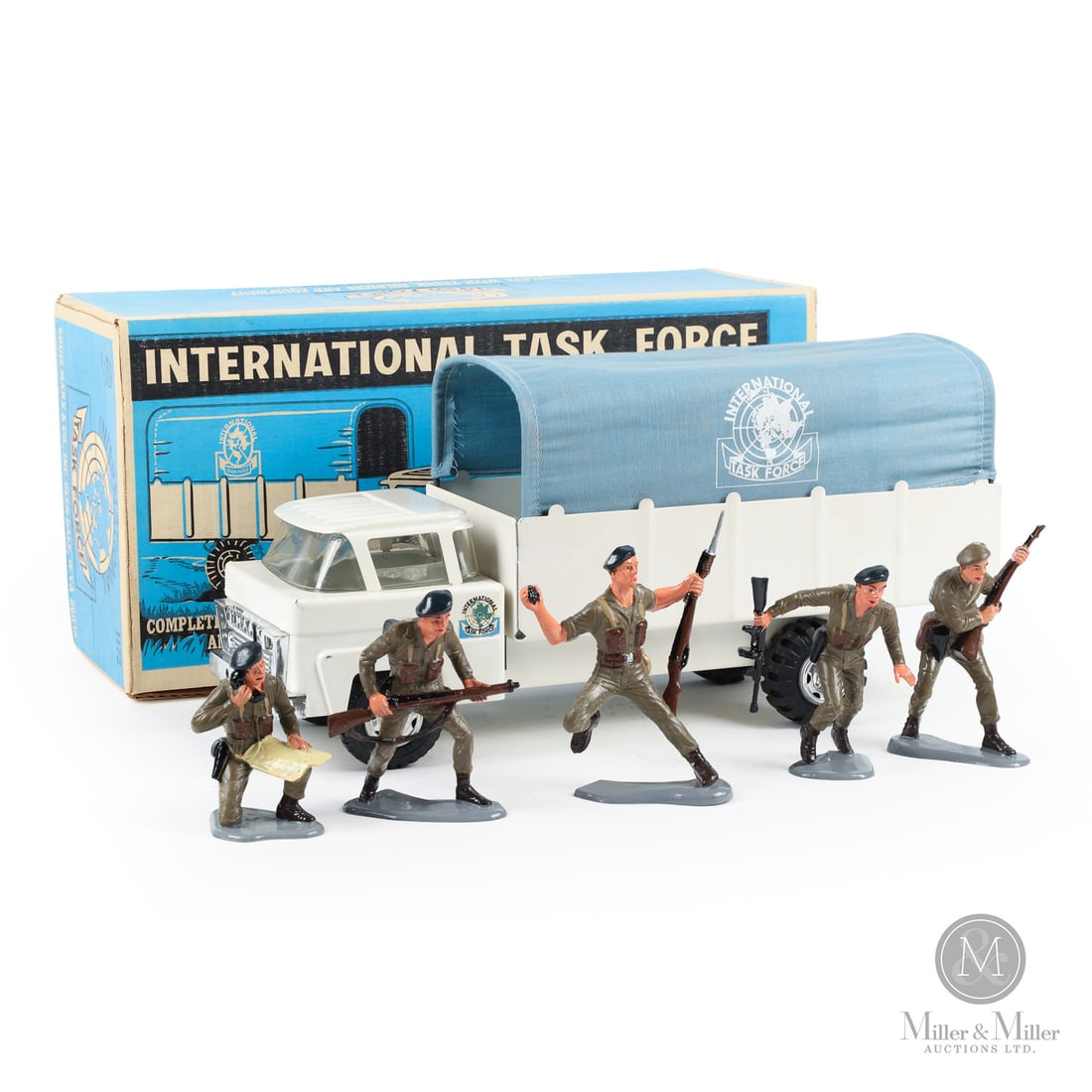 Marx Lumar International Task Force Set With Original Box: American. 1950s. Pressed steel, canvas canopy. This set is part of the Marx, post-War, military-inspired theme sets. The soldiers in this set were made in 1963, as shown on the underside, and, as