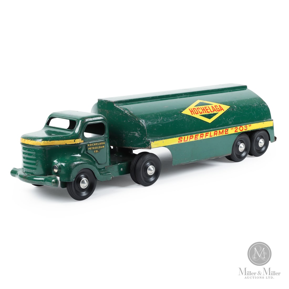 Otaco Minnitoys "Hochelaga Petroleum Co." Oil Tanker: Canadian. 1950s. Pressed steel. This oil tanker was part of Otaco's "private-label" series of toys. Private-label toys were promotional or display models made for specific companies and not intended
