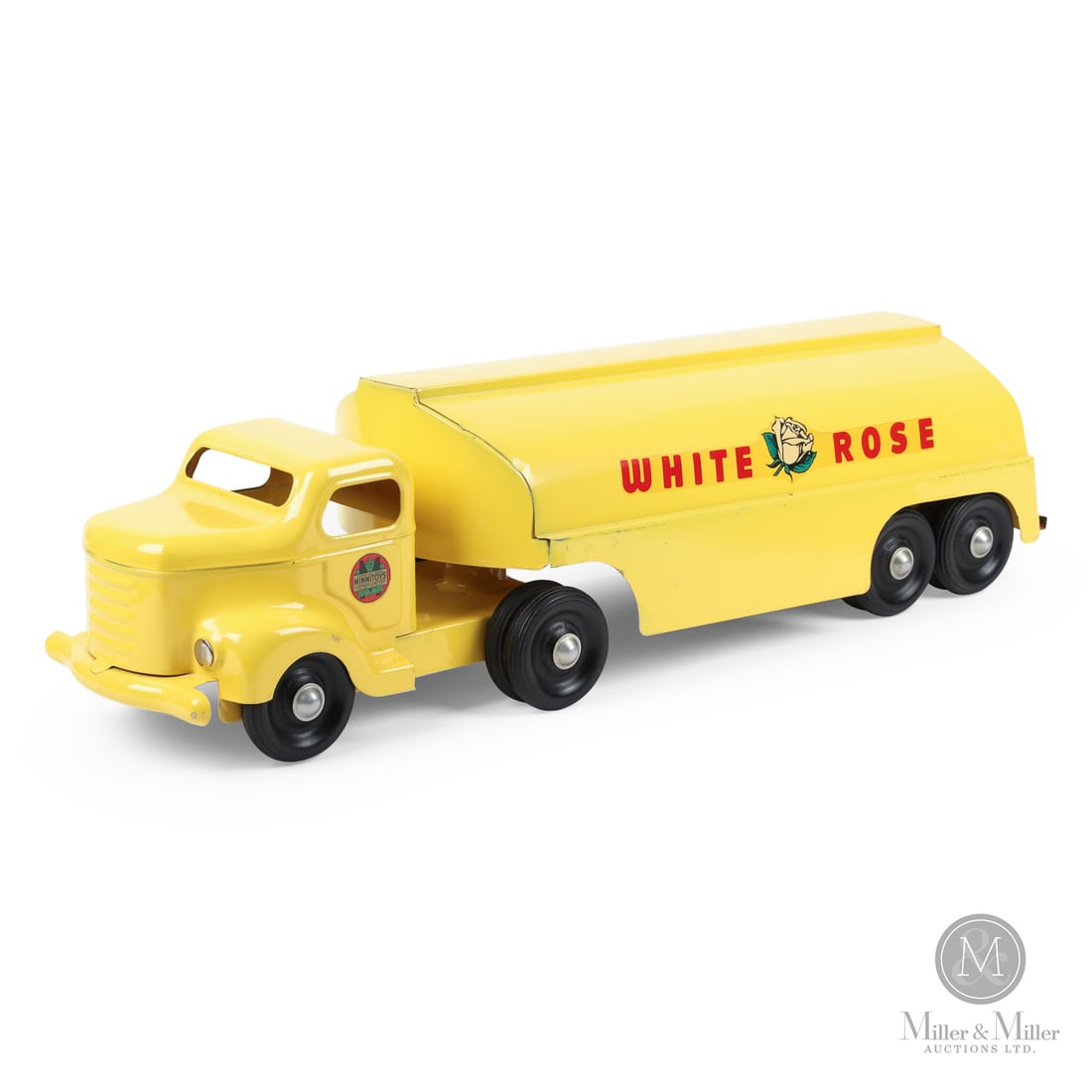 Otaco Minnitoys "White Rose" Oil Tanker: Canadian. Late 1940s-early 1960s. Pressed steel. This oil tanker was part of Otaco's "private-label" series of toys. Private-label toys were promotional or display models made for specific companies