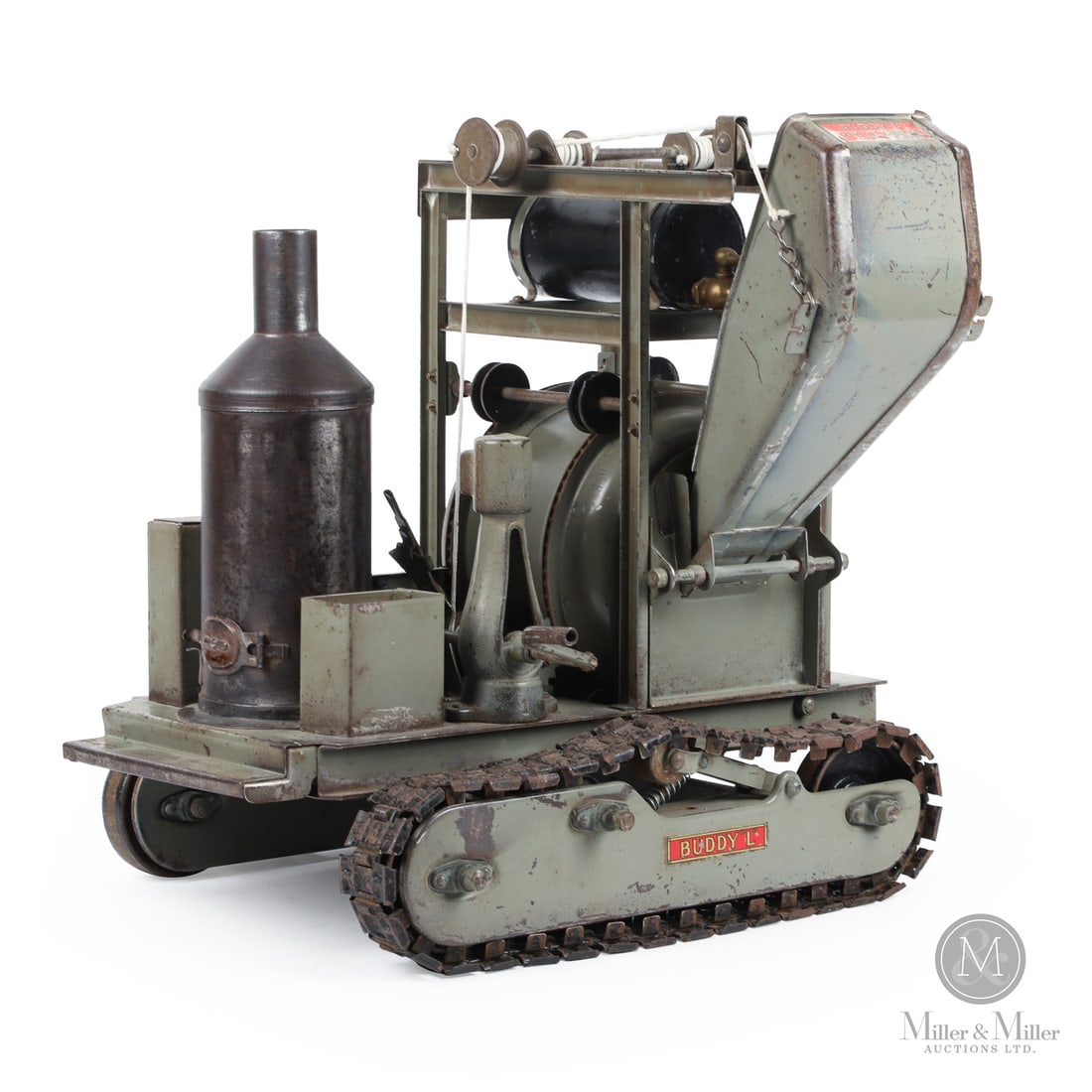 Buddy "L" Concrete Mixer: American. 1920s. Pressed steel. Decalled, "The Buddy "L" Line Quality Toys Built By Moline Pressed Steel Co. East Moline, Ill.", on side and top of mixer. Decalled, "Buddy L", on side of tread