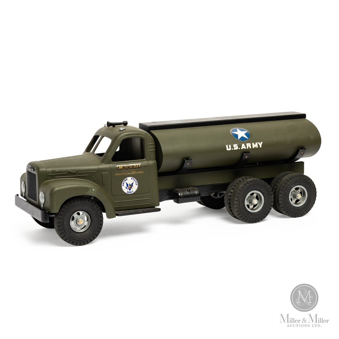 Smith-Miller U.S. Army Tanker Truck: American. 1950s. Pressed steel. Embossed, "SM 3007", on underside. From the Yvan Lalonde Collection.Size6" x 6" x 18".ConditionExcellent condition. Minor paint nicks to decals on cab.MediumPressed