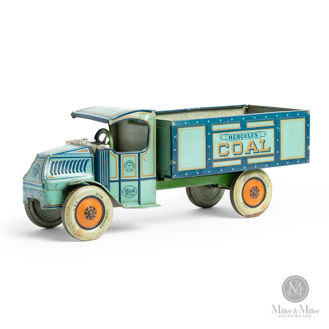 J. Chein "Hercules Coal" MACK Truck: American. 1920s-Early 1930s. Lithographed tin. J. Chein's "Hercules" brand of toys was the catalyst that helped the company expand and ultimately shift its primary business focus from small premiums t