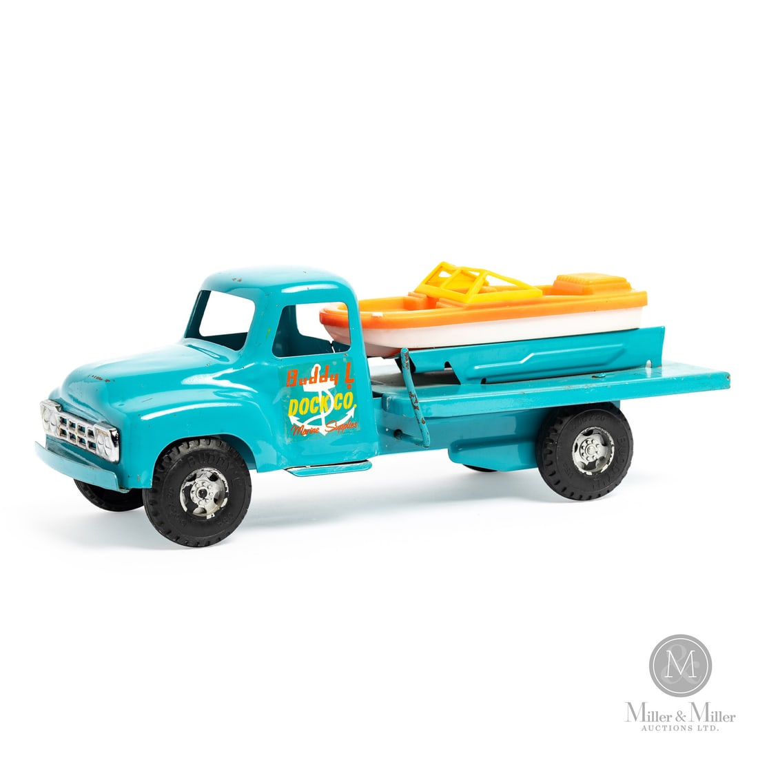 Buddy L Dock Co Boat Hauler: American. 1970s-1980s. Pressed steel. The Buddy L Dock Co. was a branding on a specific line of Buddy L toys related to marine themes, such as this truck, which was designed as a supply vehicle for a