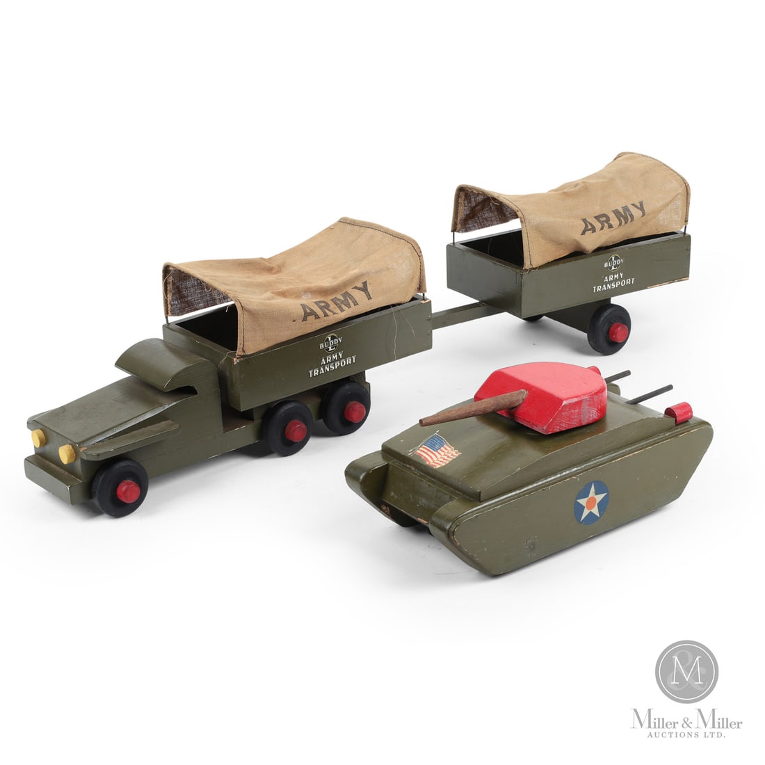 Pair of Buddy "L" Wooden Toys (Army Transport and Tank): American. 1942-1945. Wood with canvas canopies. Buddy "L" wooden toys were sometimes referred to as "Buddy "L" Victory" toys, created during WWII when steel was scarce, and companies had to turn to ot