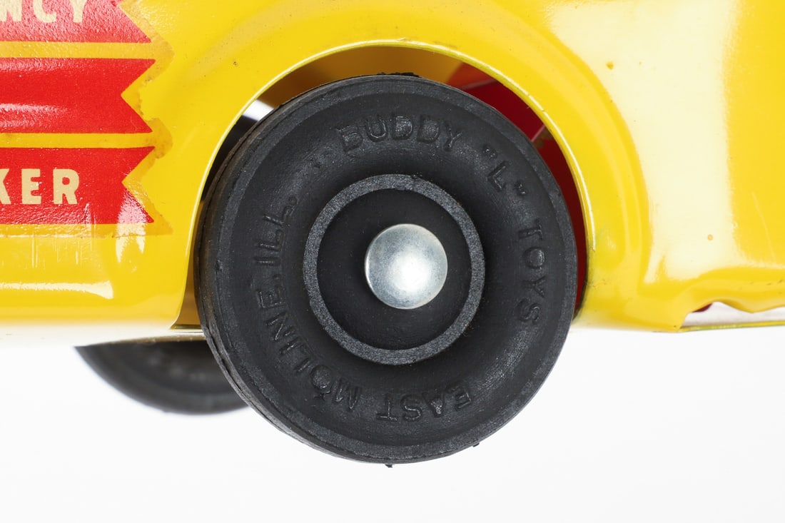 Pair of Buddy L Trucks (Rear Steer Hook & Ladder Truck and Emergency Wrecker Truck) - 11