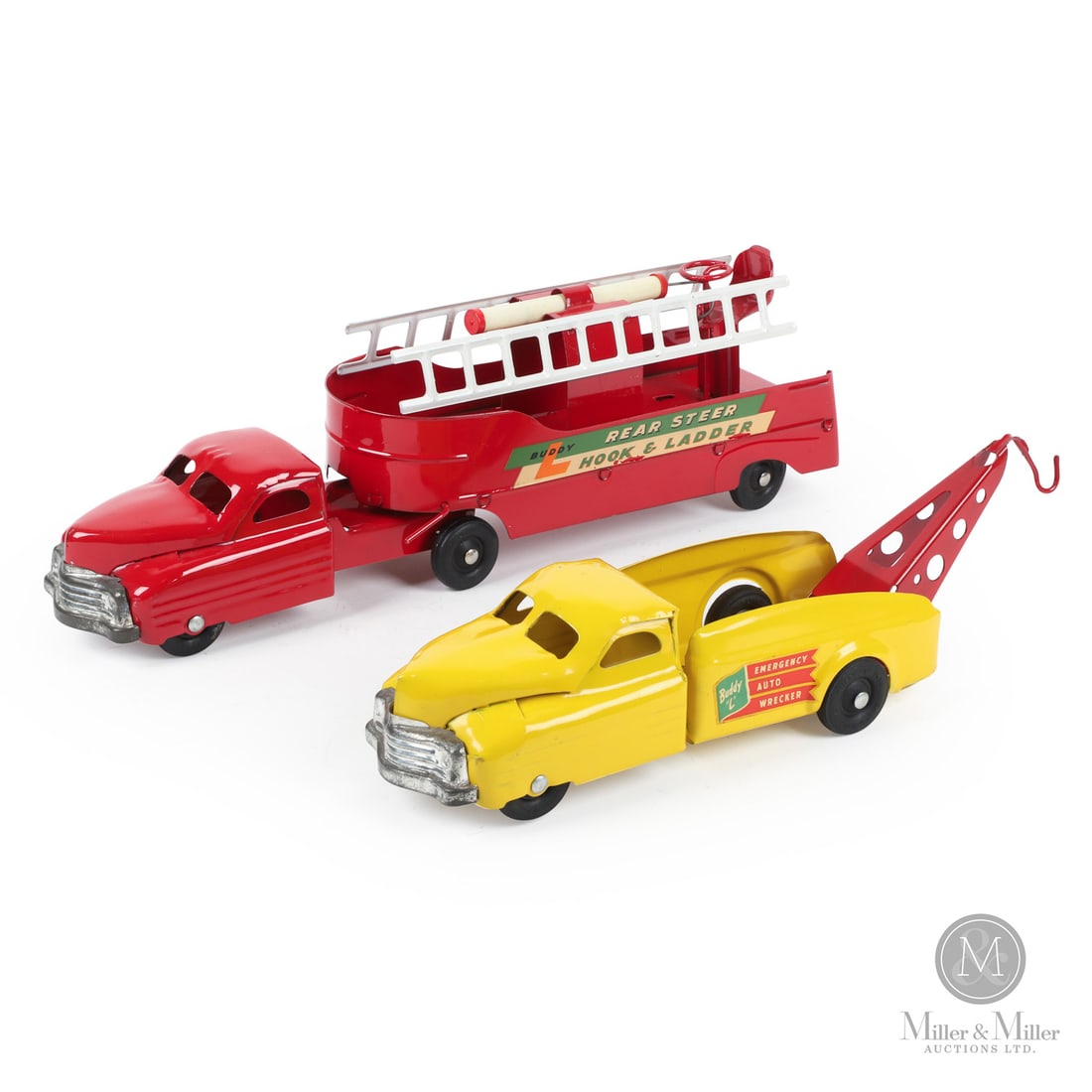 Pair of Buddy L Trucks (Rear Steer Hook & Ladder Truck and Emergency Wrecker Truck) (1 of 12)