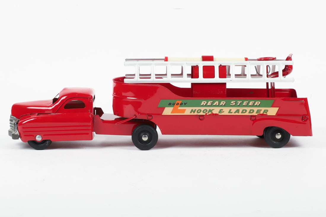 Pair of Buddy L Trucks (Rear Steer Hook & Ladder Truck and Emergency Wrecker Truck) - 2